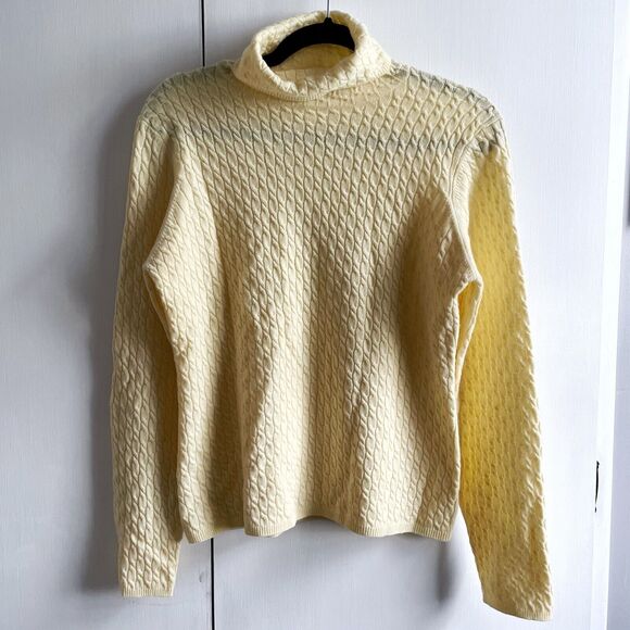 Geneva 100% Cashmere Light Yellow Turtleneck Sweater Womens Large Cable Knit - Picture 1 of 4